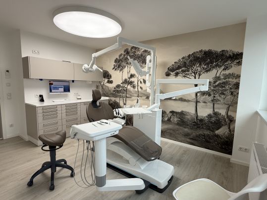 Modernes Zahnarzt-Behandlungszimmer mit Wandbild.